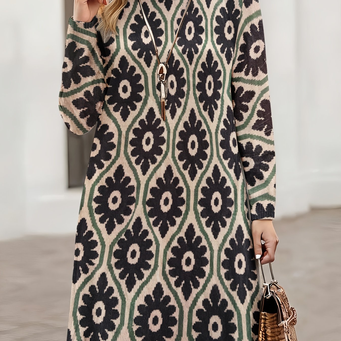 SOPHIA & ROSE | Ikat Geometric High-Neck Knit Midi Dress