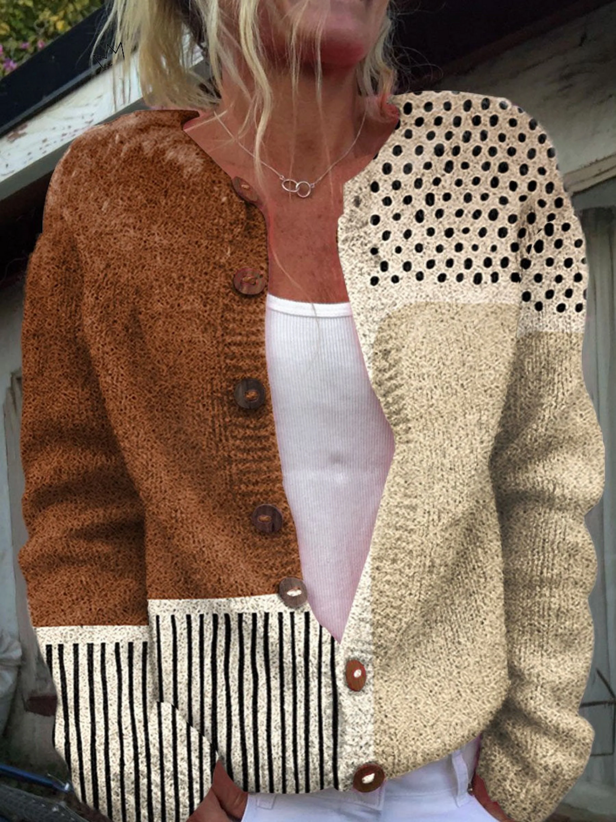 Minimalist Abstract Polka Dots Print Buttoned Cardigan Sweater