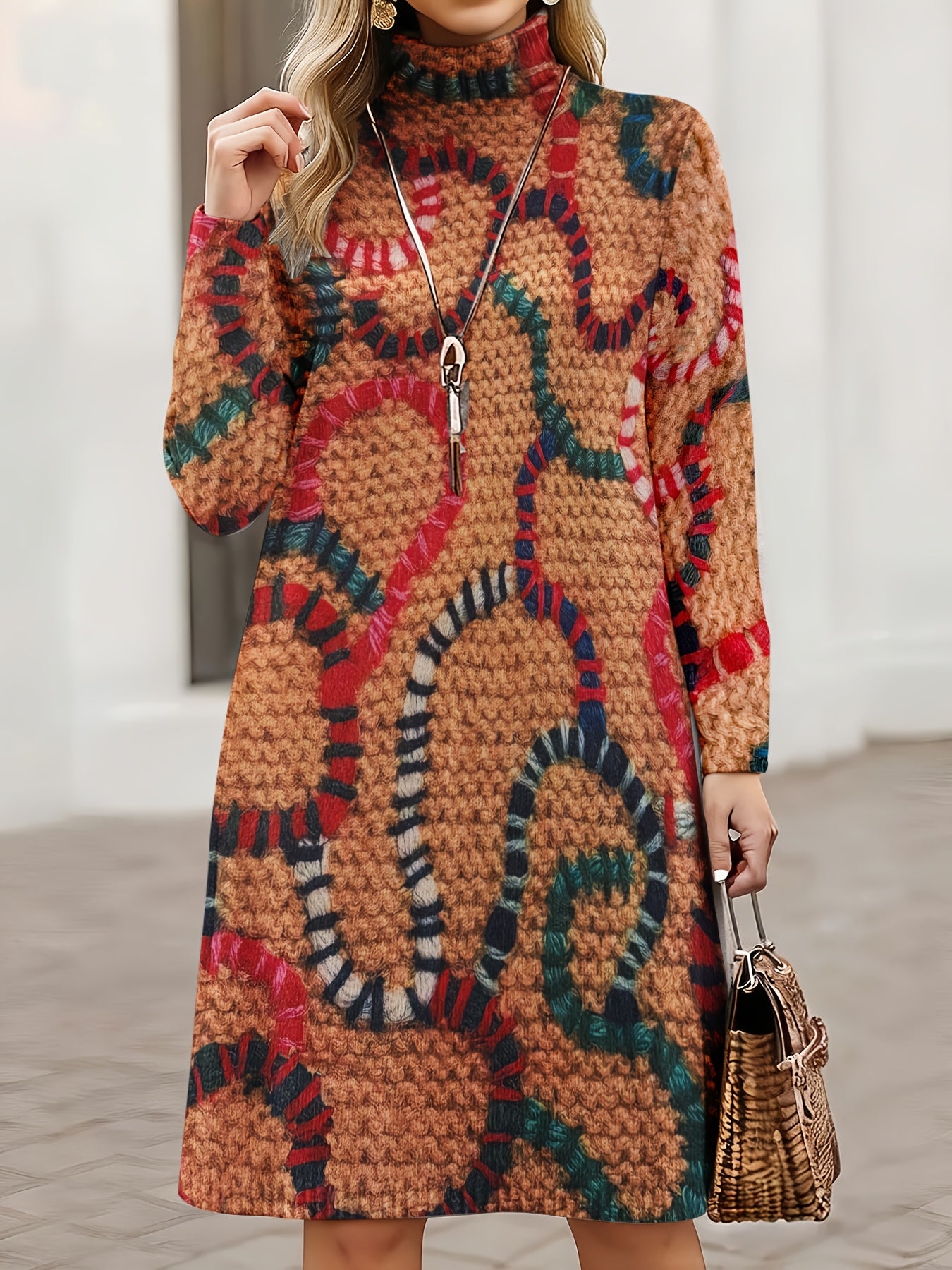 SOPHIA & ROSE | Textured Geometric High-Neck Midi Dress