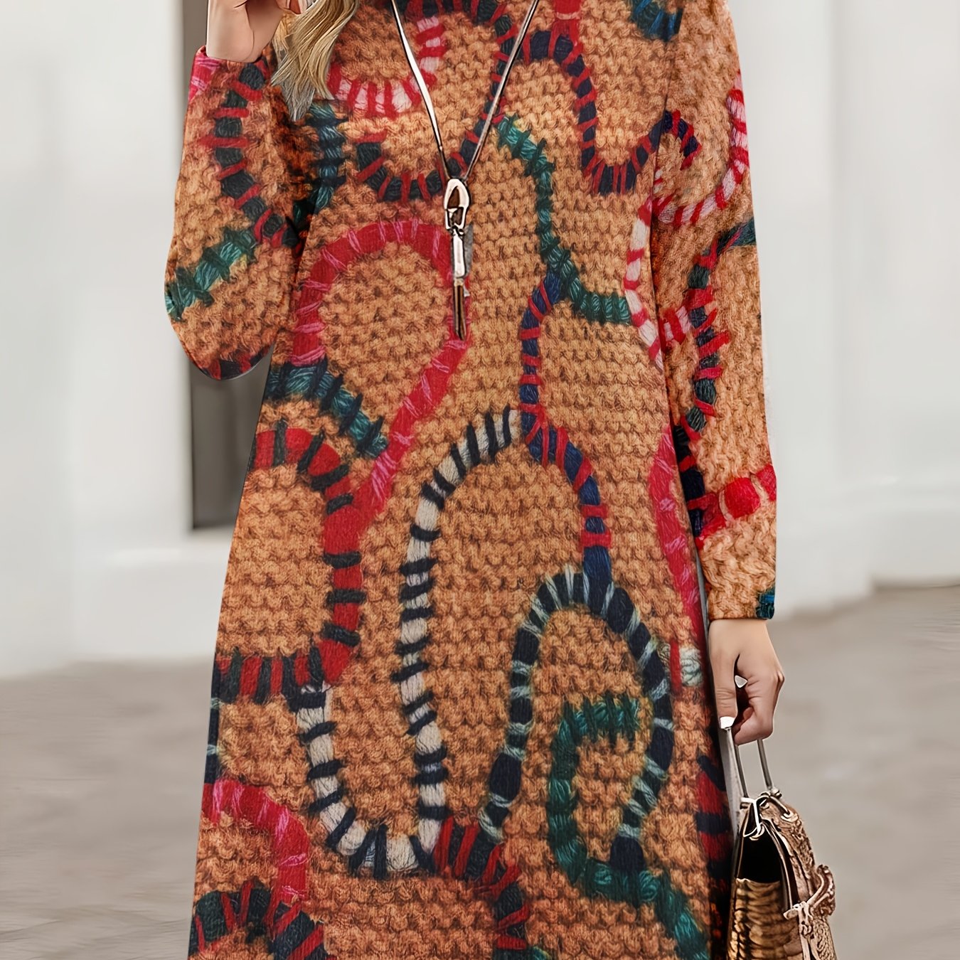 SOPHIA & ROSE | Textured Geometric High-Neck Midi Dress