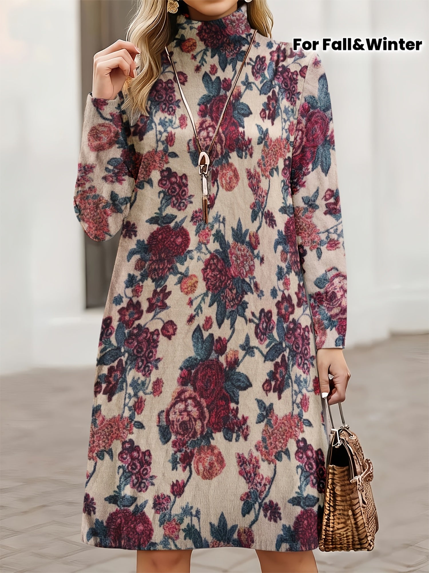 SOPHIA & ROSE | Red Floral High‑Neck Midi Dress