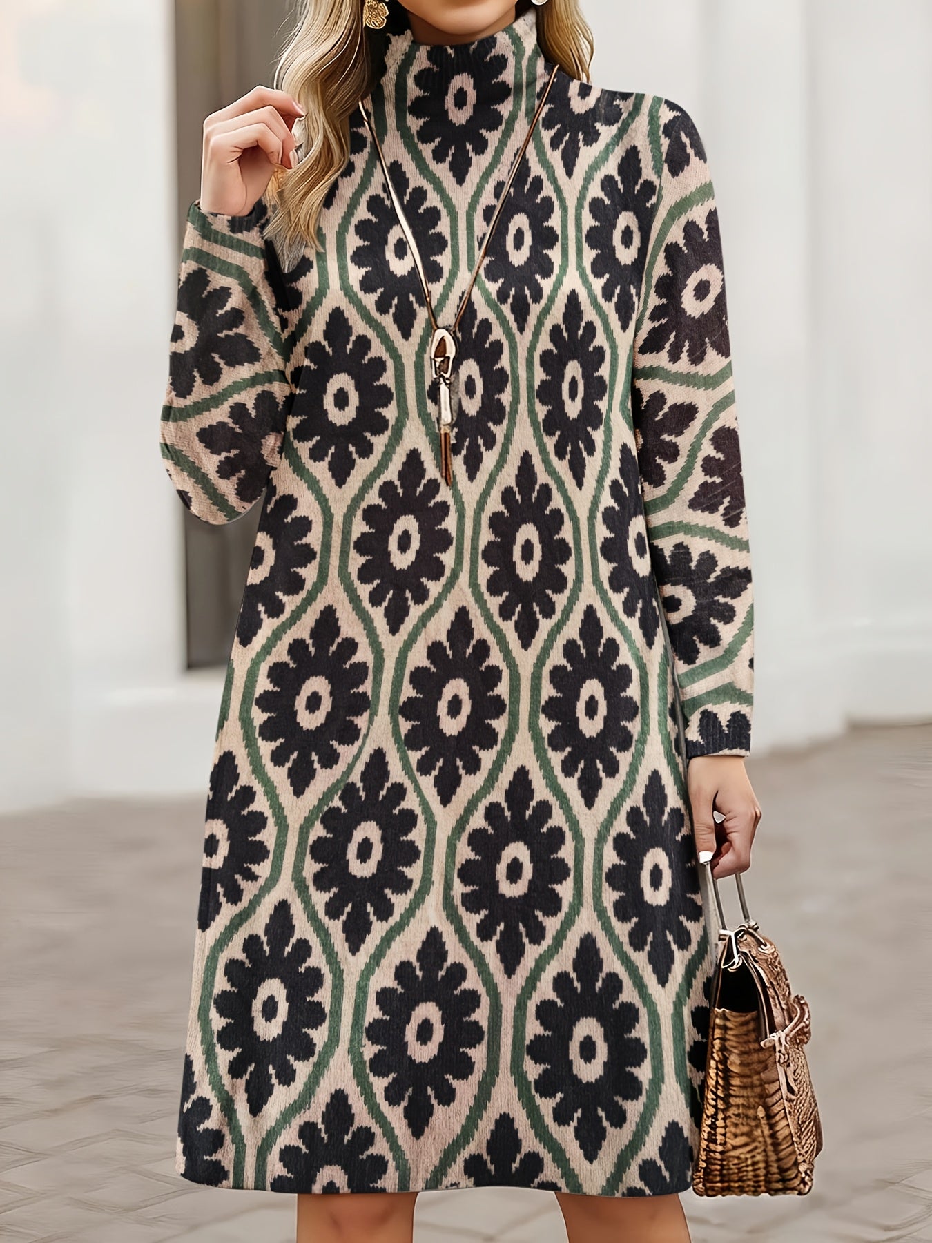 SOPHIA & ROSE | Ikat Geometric High-Neck Knit Midi Dress