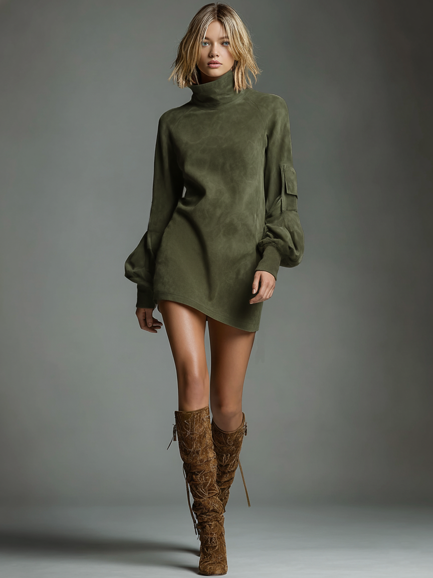 Jasmin | Vintage Loose Suede Turtleneck Mini Dress