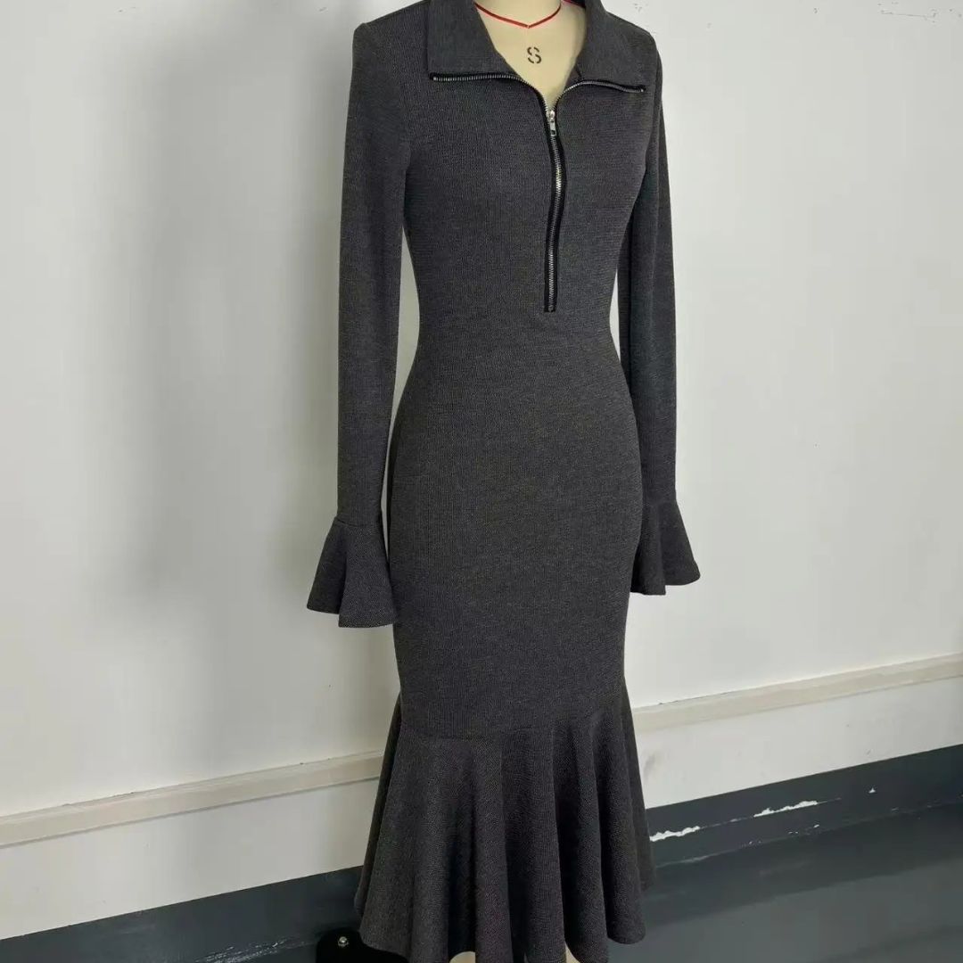 Helen | Retro Zipper Neck Trumpet Sleeve Knitted Midi Dress