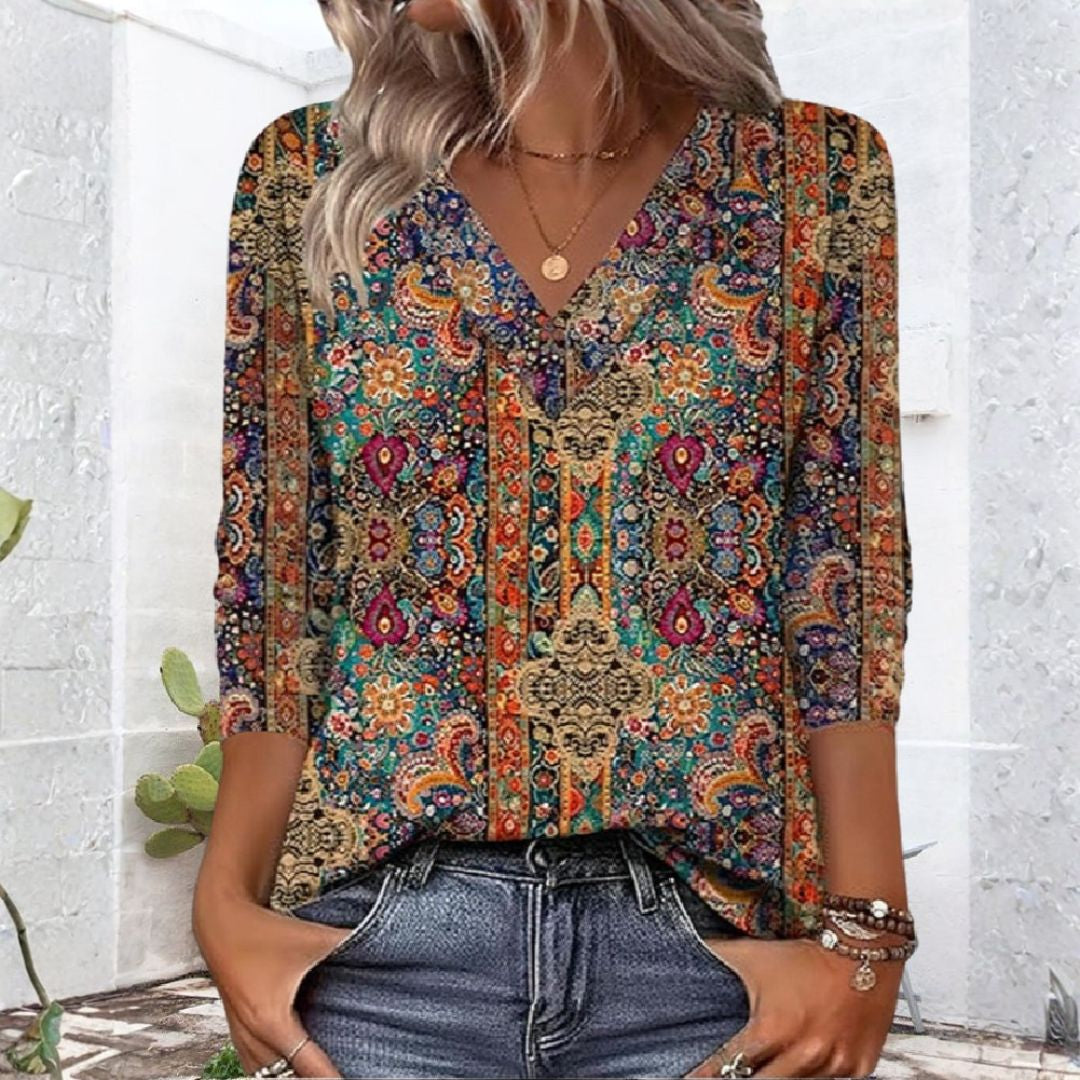 Macy | Retro Printed Blouse V-Neck