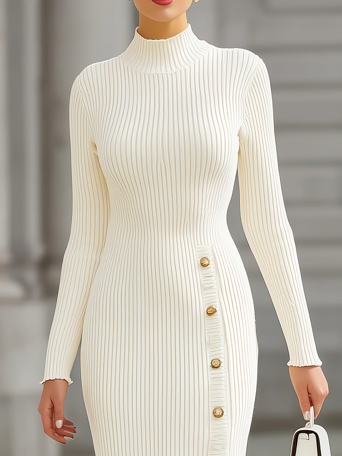 SOPHIA & ROSE | Elegant Ribbed Midi Dress with Gold Button Detail