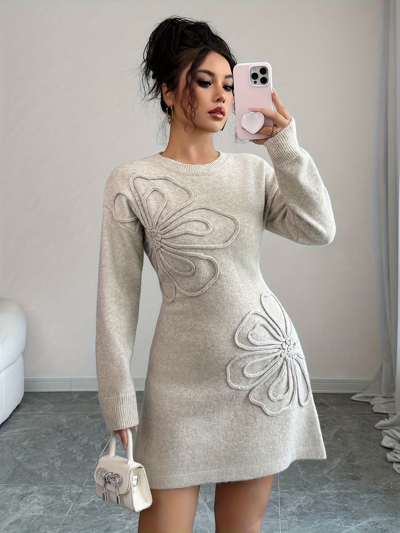 SOPHIA & ROSE | Floral Embellished Long Sleeve Midi Dress