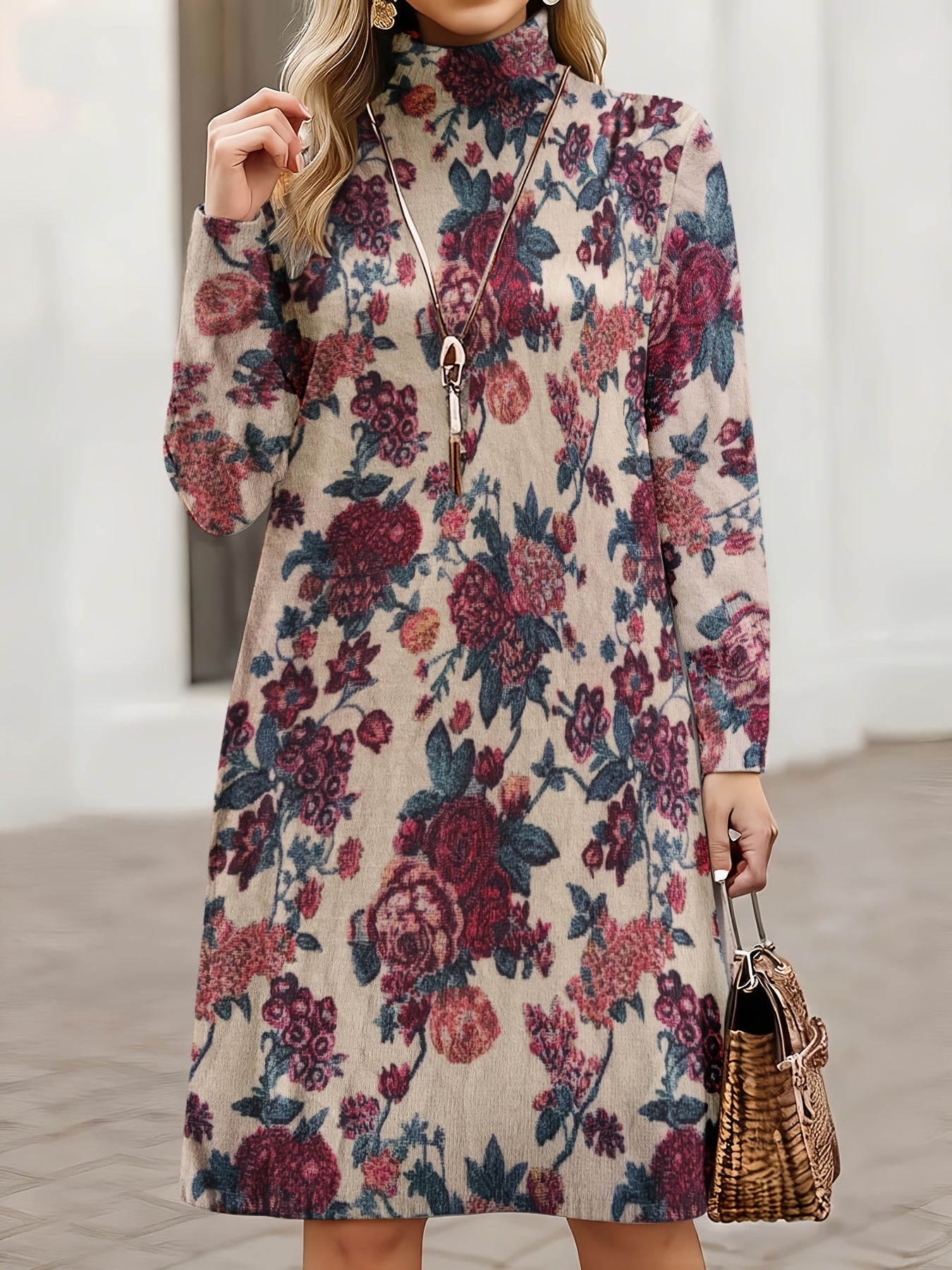 SOPHIA & ROSE | Red Floral High‑Neck Midi Dress