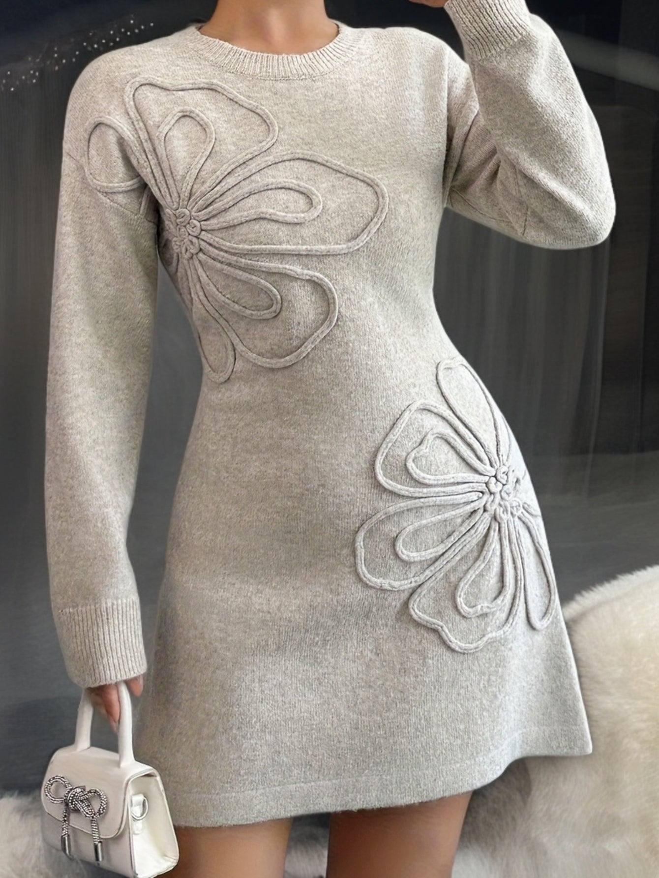 SOPHIA & ROSE | Floral Embellished Long Sleeve Midi Dress