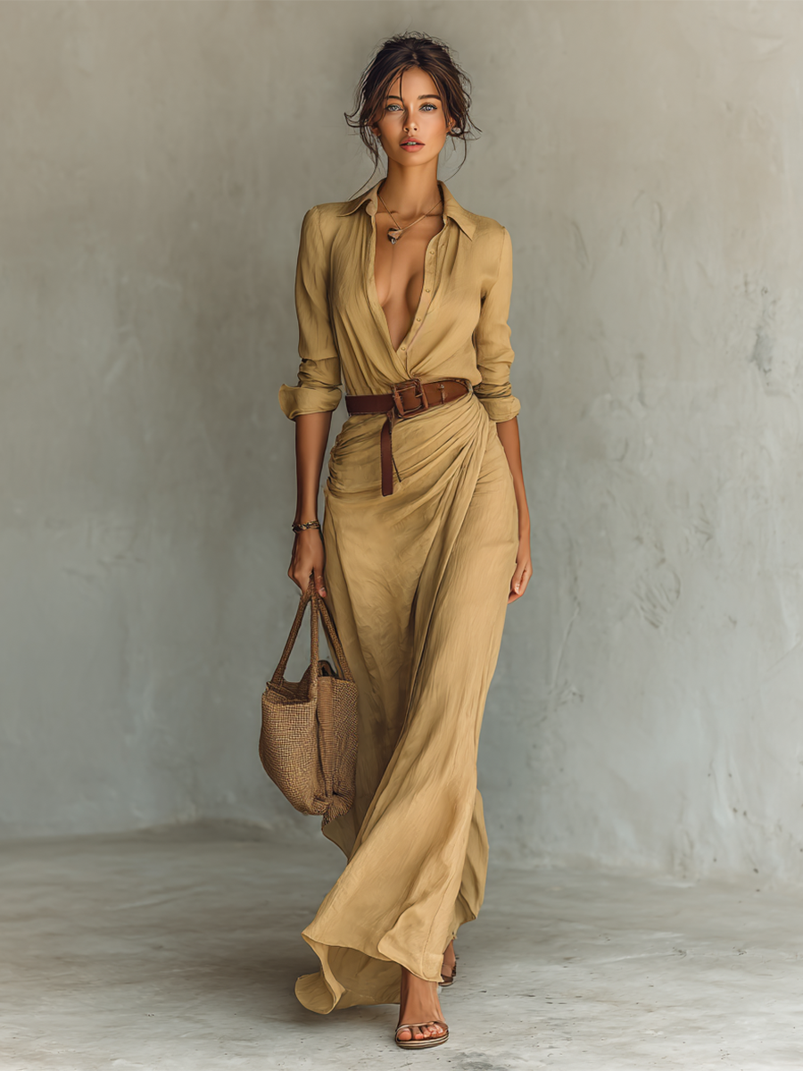 Chloe | Lapel Single Breasted Long Sleeve Belted Maxi Dress