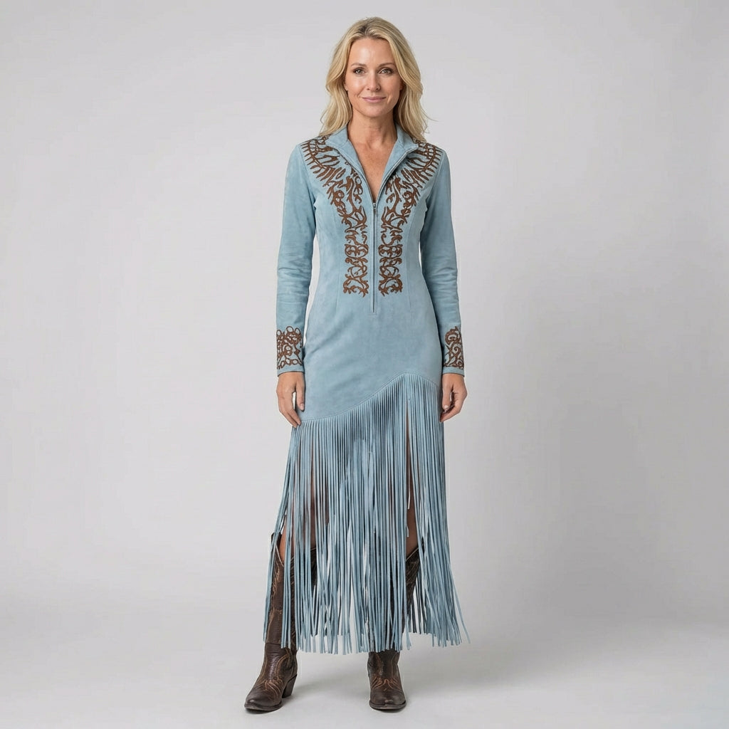 Sierra | Moon Embroidered Fringe Western Maxi Dress