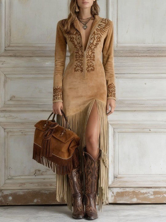Sierra | Moon Embroidered Fringe Western Maxi Dress