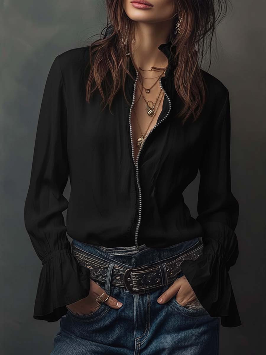 Blaire | Zip-Front Blouse With Flounce Cuffs