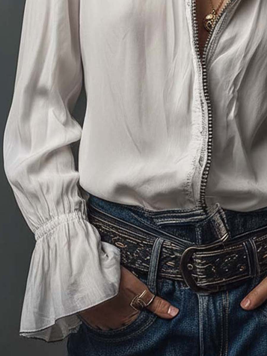 Blaire | Zip-Front Blouse With Flounce Cuffs