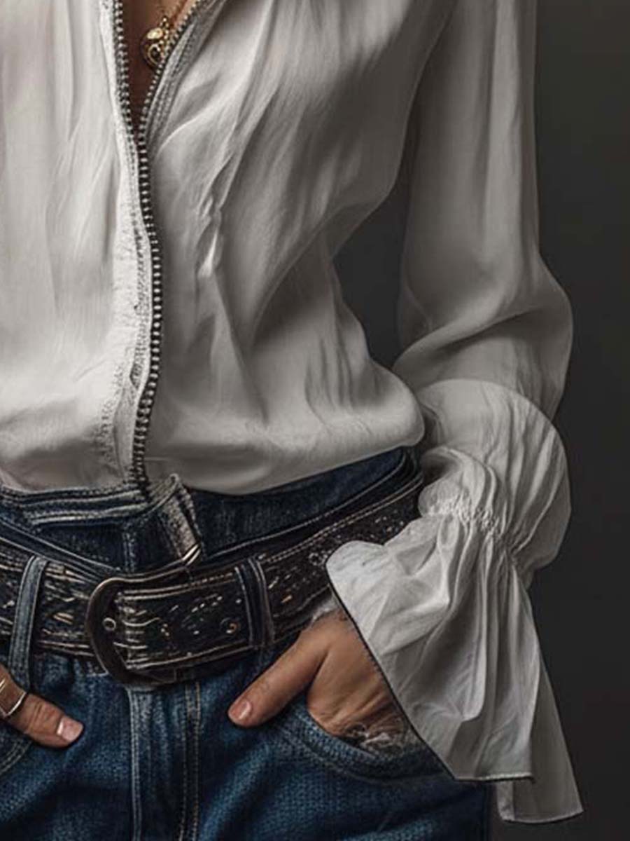 Blaire | Zip-Front Blouse With Flounce Cuffs