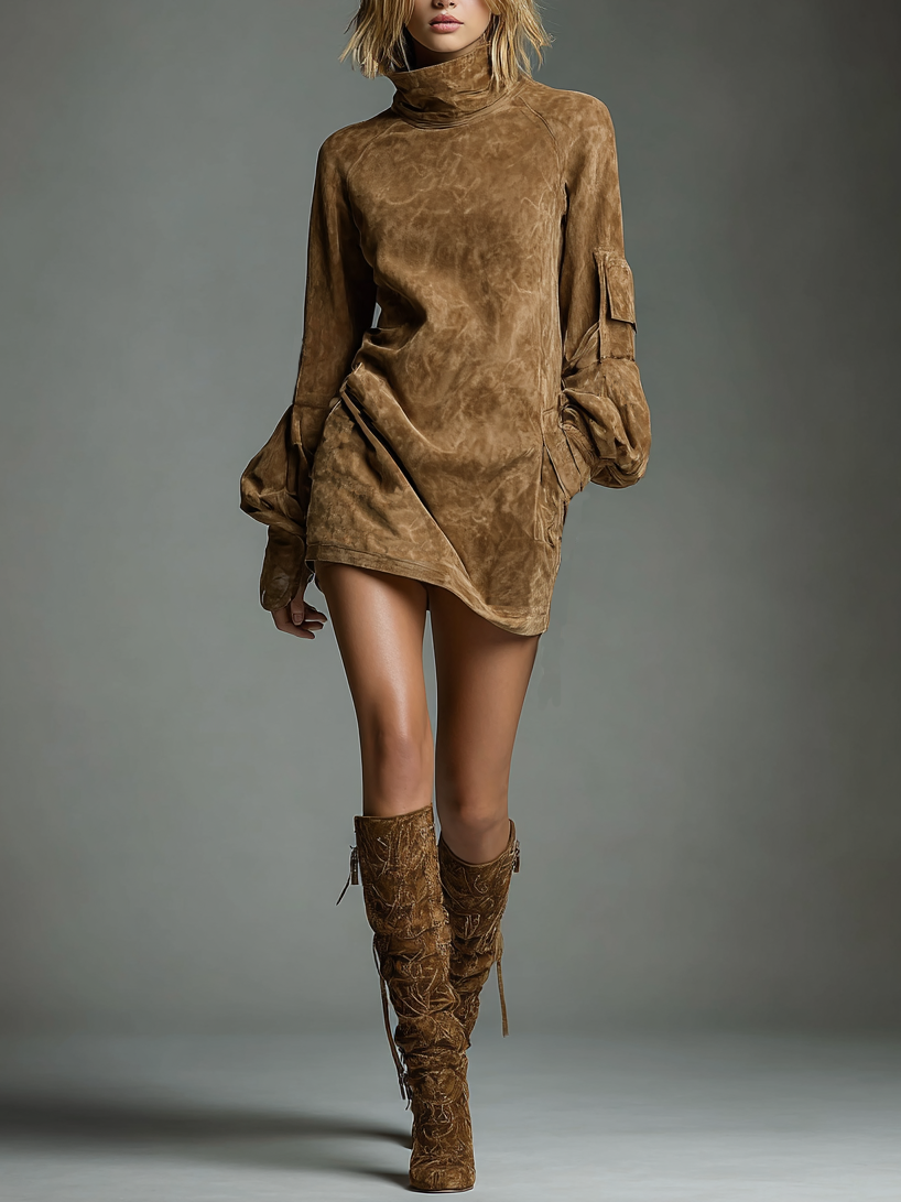 Jasmin | Vintage Loose Suede Turtleneck Mini Dress