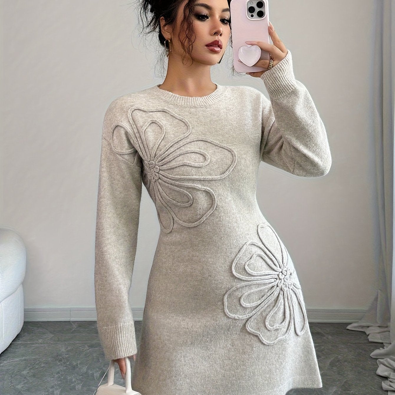 SOPHIA & ROSE | Floral Embellished Long Sleeve Midi Dress