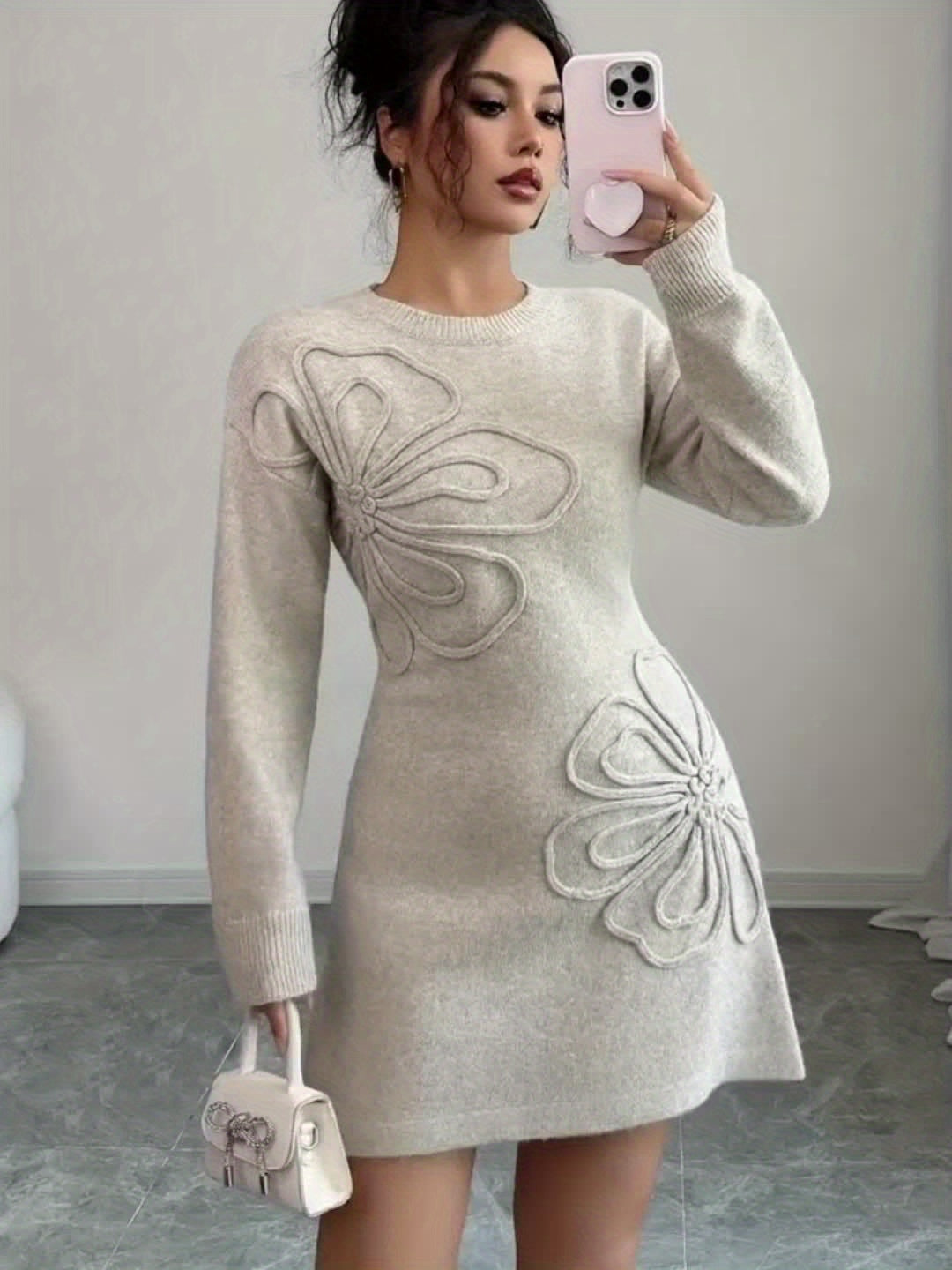 SOPHIA & ROSE | Floral Embellished Long Sleeve Midi Dress