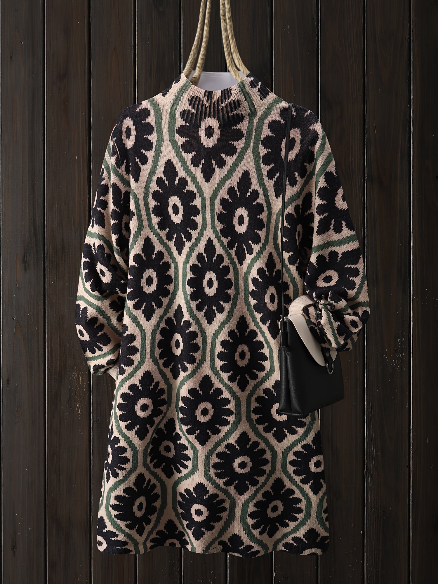 SOPHIA & ROSE | Ikat Geometric High-Neck Knit Midi Dress