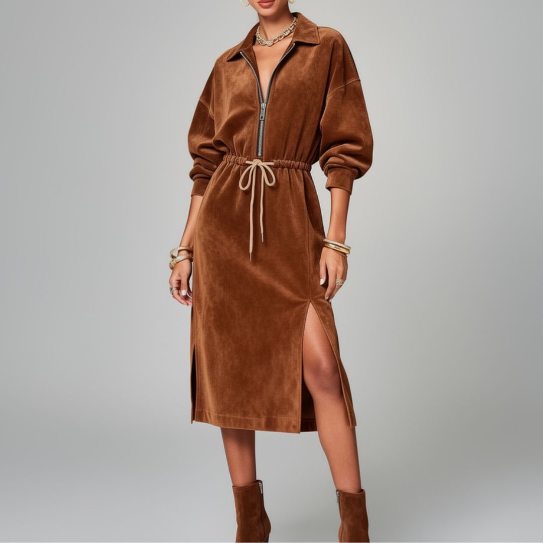 Elora | Cozy Suede Zip Midi Dress