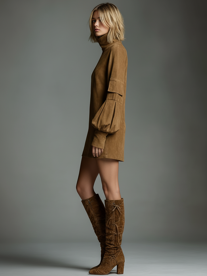 Jasmin | Vintage Loose Suede Turtleneck Mini Dress