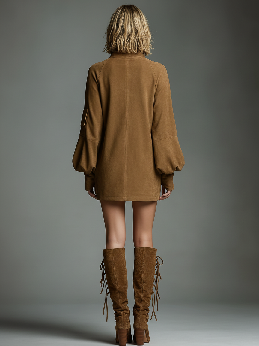 Jasmin | Vintage Loose Suede Turtleneck Mini Dress