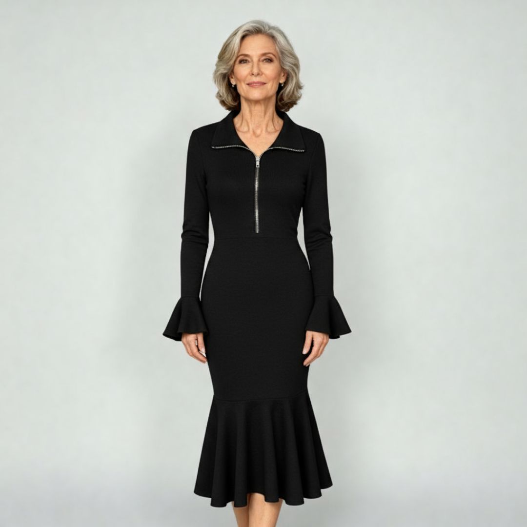 Helen | Retro Zipper Neck Trumpet Sleeve Knitted Midi Dress