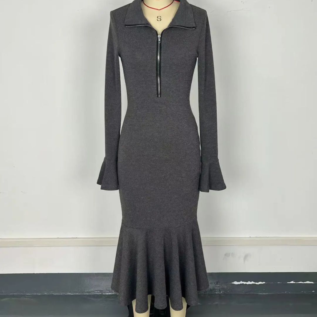 Helen | Retro Zipper Neck Trumpet Sleeve Knitted Midi Dress
