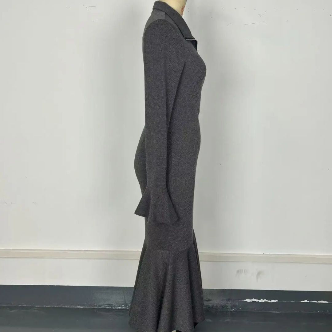 Helen | Retro Zipper Neck Trumpet Sleeve Knitted Midi Dress