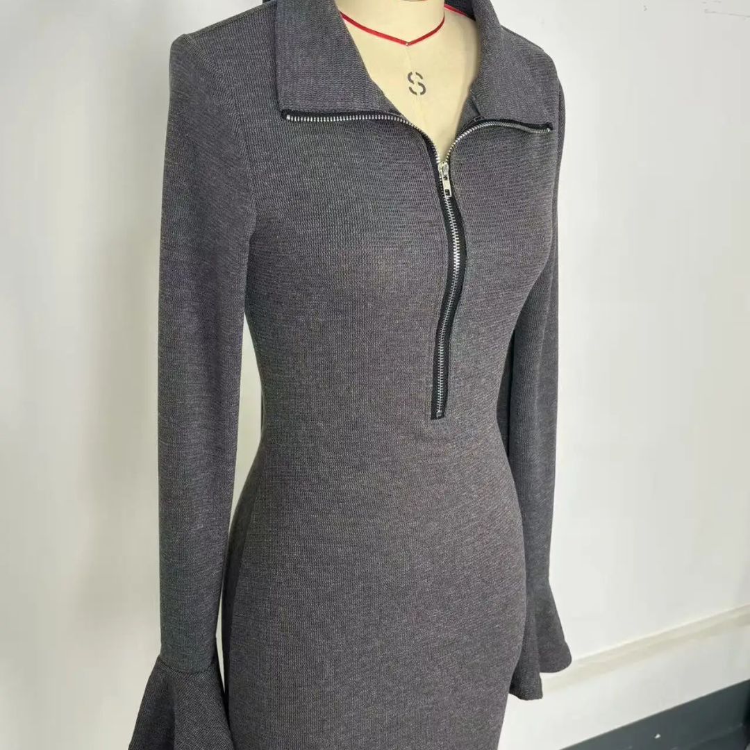 Helen | Retro Zipper Neck Trumpet Sleeve Knitted Midi Dress