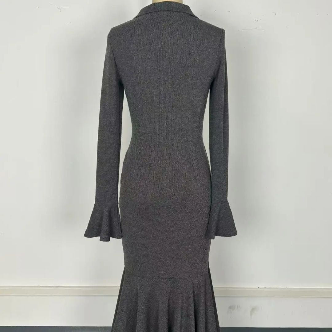 Helen | Retro Zipper Neck Trumpet Sleeve Knitted Midi Dress