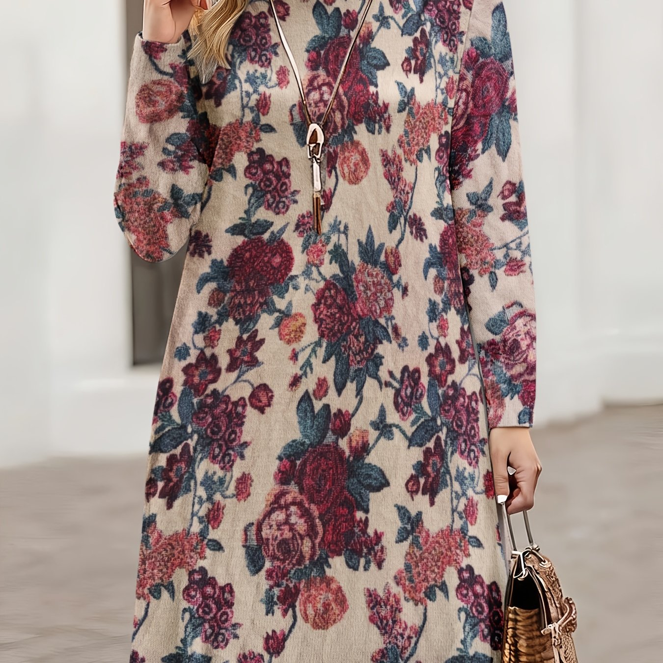SOPHIA & ROSE | Red Floral High‑Neck Midi Dress