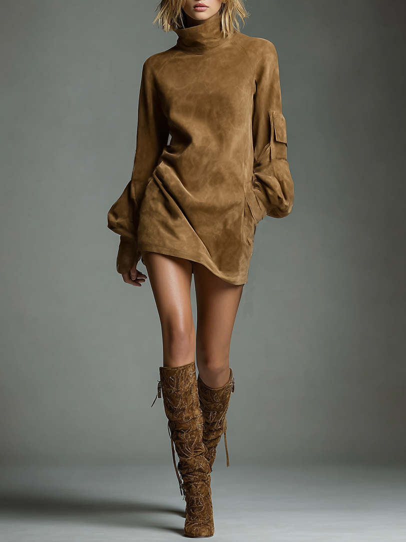 Jasmin | Vintage Loose Suede Turtleneck Mini Dress