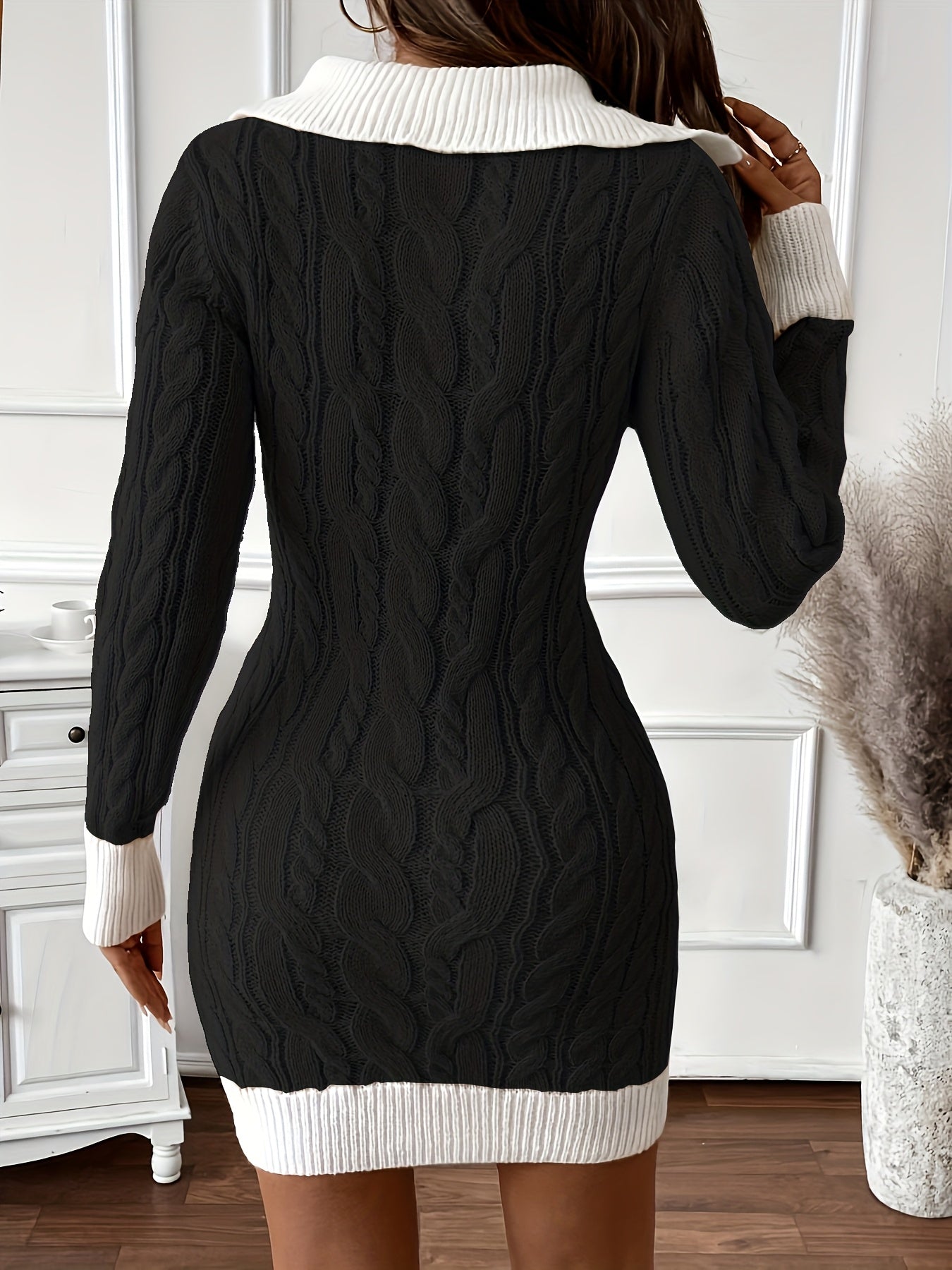 Dames herfst/winter color-block sweaterjurk met lange mouwen en nauwsluitende pasvorm, Niannian's Selection