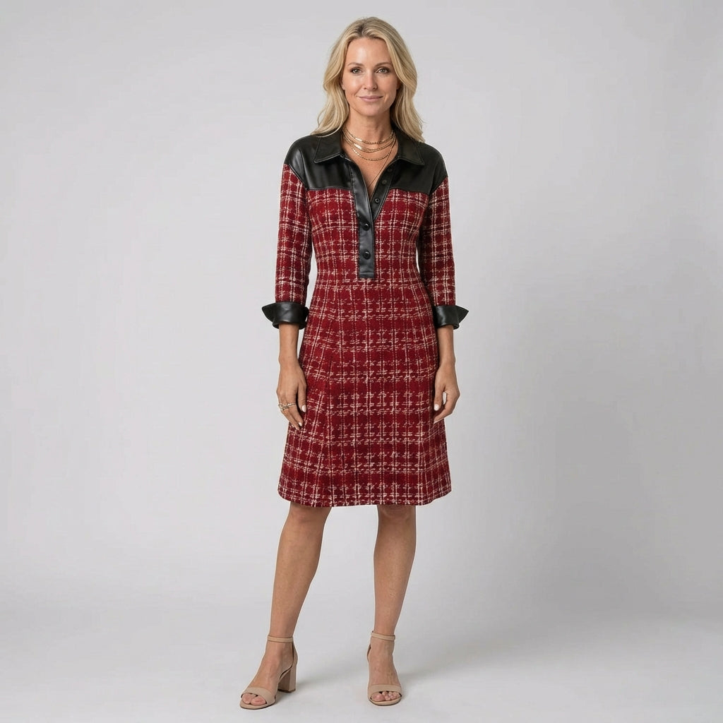 Debbie | Long Sleeve Patchwork and Houndstooth Dress