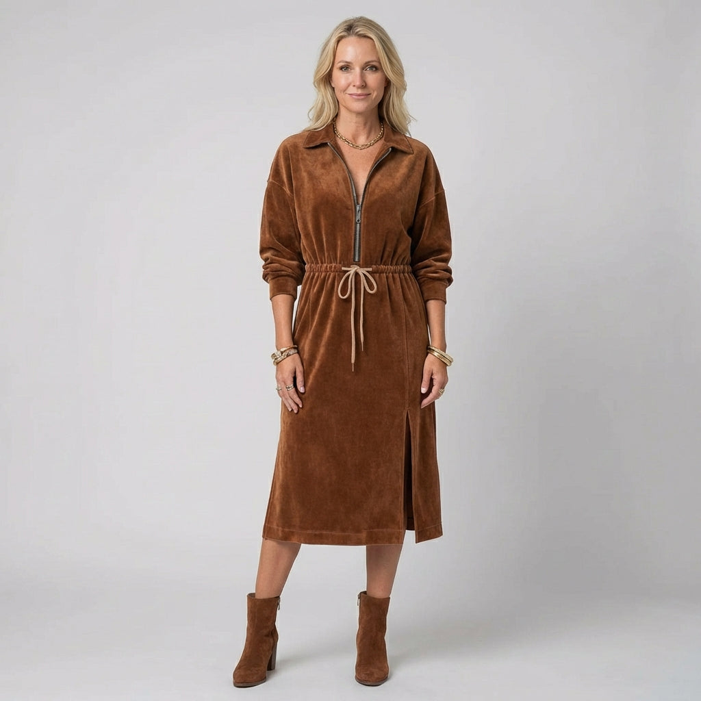 Elora | Cozy Suede Zip Midi Dress
